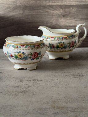 Vintage Coalport Ming Rose Scalloped Bone China Open Sugar Creamer Set England